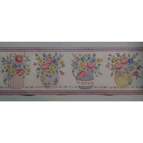 Pre-pasted Decorative Wall Border - Vases with Flowers - Pink Purple Yellow 5 yd - Picture 1 of 6